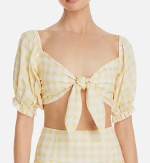 Charlie Holiday Women Size 10 Ivy Gingham Yellow Tie Cropped Top v6x thumbnail 1