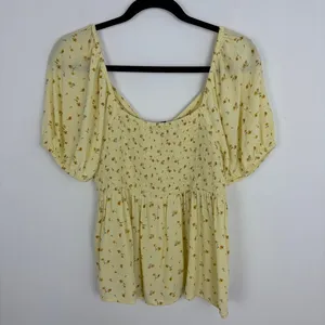 American Eagle Babydoll Blouse Yellow Floral Short Sleeve Boho Cottage Large thumbnail 6