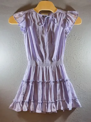 23 | PINCH‎ Boho Ruffle Smocked Tiered Flutter Sleeve Mini Dress Purple Womens S thumbnail 1