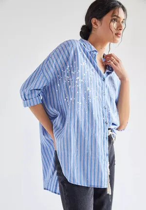 Pilcro Anthropologie Blue Stripe Button Down Shirt Preppy Oversized XS / Small thumbnail 1