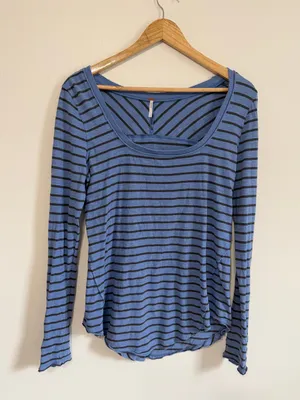Free People Striped Blue Long Sleeve Top Size Large Shirt Boho Cotton thumbnail 2