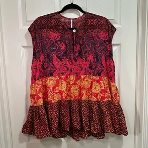 Free People Gotta Have You Tunic Oversized Patchwork Blouse Small Red Floral thumbnail 1