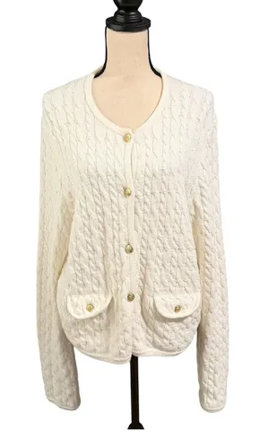 J. Crew Womens Ivory Cable Knit Odette Lady Sweater Jacket Sz L Old Money Luxury thumbnail 1
