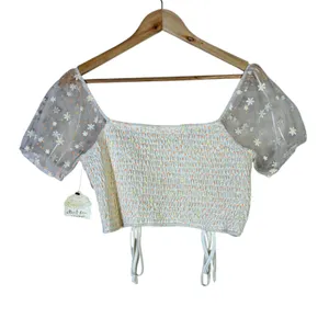 Altard State Floral Embroidered Mesh Ruched Crop Top Cream Large NWT thumbnail 4