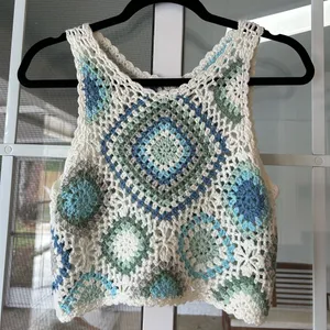 Altar’d state blue green white knit boho crochet crop tank thumbnail 5