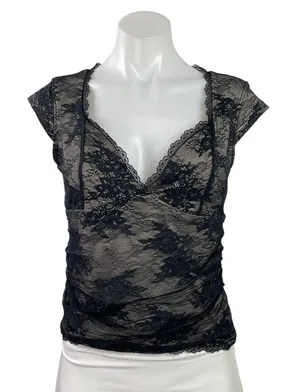 Abercrombie & Fitch Womens Black Floral Lace Cap Sleeve Sheer Crop Blouse Top S thumbnail 1