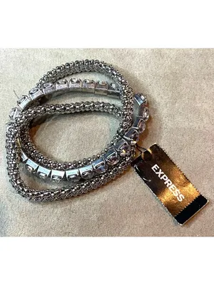 Express Twisted Mesh Rhinestone Stretch Intertwined Silver Toned Bracelet Vintag thumbnail 3