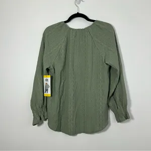 Frye Embroidered Boho Blouse Smocked Cuff Split Neck Green Long Sleeve S NWT thumbnail 4