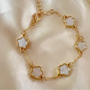 18K Gold Plated mother of pearl clover Bracelet Stainless Steel Womens Jewelry thumbnail 2