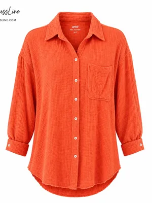 Aerie Womens S Pool to Party Gauze Shirt Orange Cotton Oversized Beach Cover Up thumbnail 2