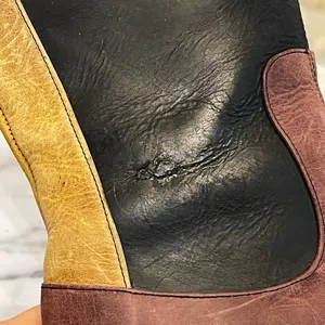 John Fluevog Encourage Kathryn Leather Tall Boots Black Burgundy‎ Yellow 8 GUC thumbnail 5