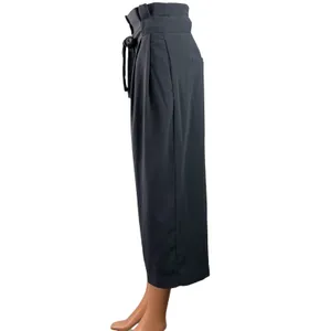 H&M Women's Gray Pleated High Waisted Tie Belt Cropped Paperbag Trouser Pants 2 thumbnail 2