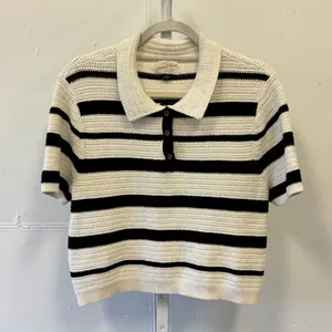 Universal Thread Women's‎ Striped Crochet Polo Knit Sweater White Black Large thumbnail 2