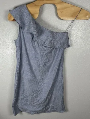 Theory Alexandra Linen Blend Mini Dress Womens 12 Chambray One Shoulder Ruffle thumbnail 1