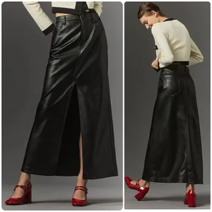 Pilcro Anthropologie Womens Black Faux Leather The Madi Front Slit Maxi Skirt 2 thumbnail 2