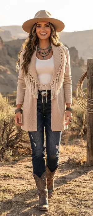 Vintage Coldwater Creek Western Boho Cardigan Sweater Tassels Cream Large L thumbnail 1