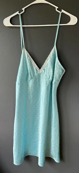 Adonna Light Turquoise Blue Polka Dot Satin Slip Dress with Lace Trim thumbnail 1