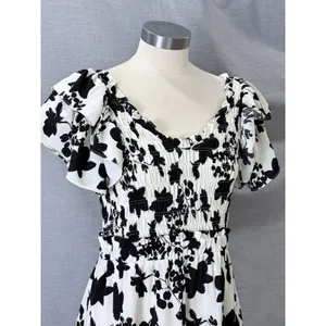 Umgee Maxi Dress Black White Floral Smocked Flutter Sleeve Tiered M thumbnail 3