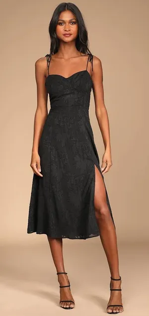 NWT Lulus Loveliest Looks Black Floral Jacquard Tie-Strap Midi Dress Party Sz M thumbnail 1