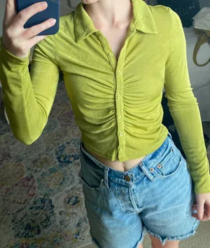 Green Button Down Ruched Top thumbnail 1