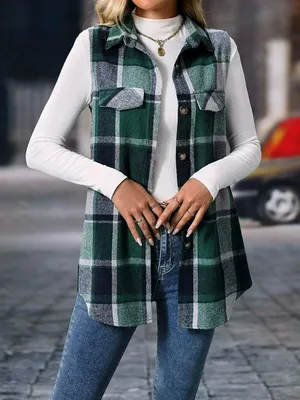 Cute Duck Women's Green Plaid Sleeveless Long Vest Jacket XL thumbnail 5