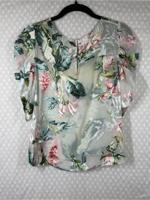 Amanda Uprichard Green Pink White Sheer Floral Puff Sleeve Top thumbnail 7