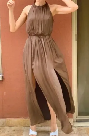Zara Empire Waist Brown Satin Open Back Slit Maxi Dress Size XS thumbnail 3