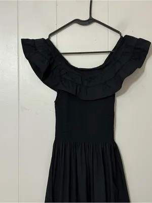 Hill House Home Akilah Nap Dress Black XXS Smocked Midi Off Shoulder Ruffle thumbnail 3