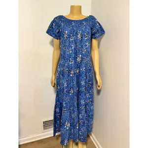 Guadalupe‎ Design Blue Floral Cotton Smocked Maxi Dress Short Sleeve Tiered Boho thumbnail 2