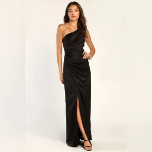 LULU’S Dreaming Of Elegance Black Satin One-Shoulder Maxi Dress thumbnail 3