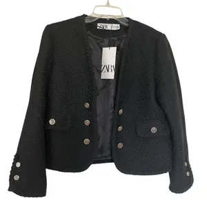 Zara Black Tweed Double Breasted Open Collarless Blazer Jacket Size XS NWT thumbnail 3
