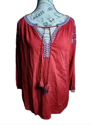 Loft Boho Red Embroidered Blouse Size Medium thumbnail 1
