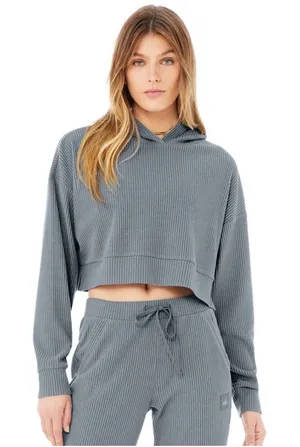ALO Yoga Muse Ribbed Hoodie Steel Blue Small thumbnail 1