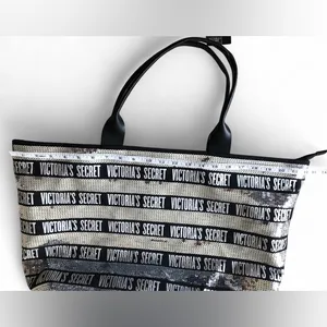 Victoria’s Secret Black Silver Sequin Bling Large Tote Weekender Bag Limited Ed. thumbnail 9