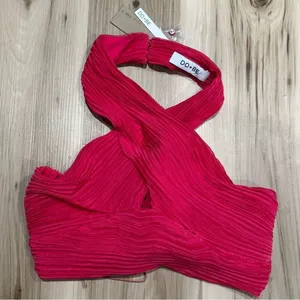 NEW Do+Be Hot Pink Pleated Halter Crop Top Tie Back Women’s Medium thumbnail 2