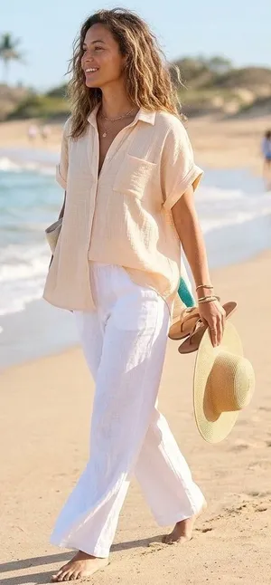 Jon & Anna Contemporary Cream Crinkle Gauze Blouse Relaxed Vacation Casual Sz XL thumbnail 1