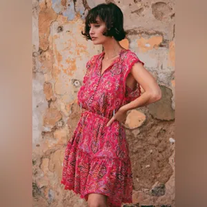 Sunrise by The Kooples Reef Paisley Print‎ Silk Chiffon Mini Dress Pink Size 2 thumbnail 3