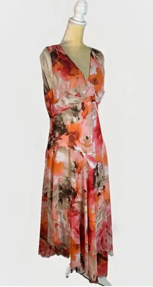 Dressbarn Y2K Chiffon Draped Midi Dress size 14 Pink Floral Silky 2000's thumbnail 6