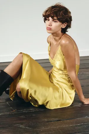 Zara Lace-Trim Slip Satin Maxi Dress in Mustard Chartreuse Yellow thumbnail 11