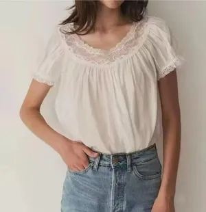 Doen Caprice Lace Trim White Peasant Blouse, S thumbnail 1
