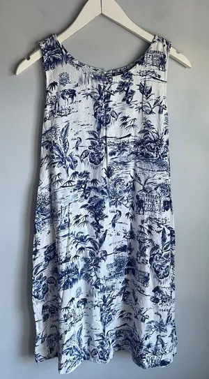 Joie Linen Toile Tank Dress Cutout Blue White French Aline Pockets Cottagecore M thumbnail 1