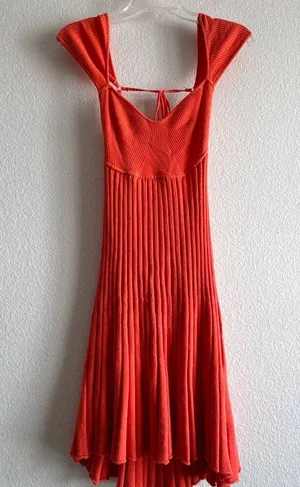 New Free People Cherie Tie Back Knit Mini Dress Size Medium Orange Red thumbnail 2
