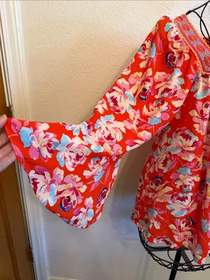 ❤️❤️❤️BOGOHO❤️❤️❤️Floral Red Peasant Blouse with Embroidered Square Neck-Large thumbnail 5