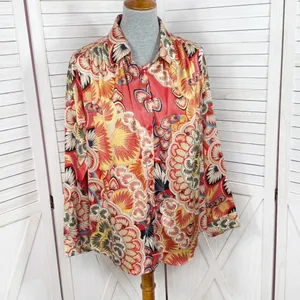 Jodifl Boho‎ Printed Satin Button Up Blouse Shirt Orange Multi Large thumbnail 2