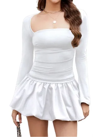 NEW White Bubble Mini Dress Long Sleeve Square Neck Backless Puffy Poof Skirt M thumbnail 1