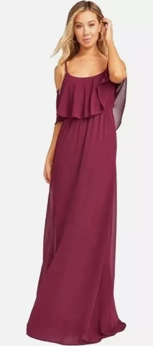 Show Me Your Mumu Flowy Ruffle Maxi Dress‎ in Merlot Chiffon NWT Size XS thumbnail 1