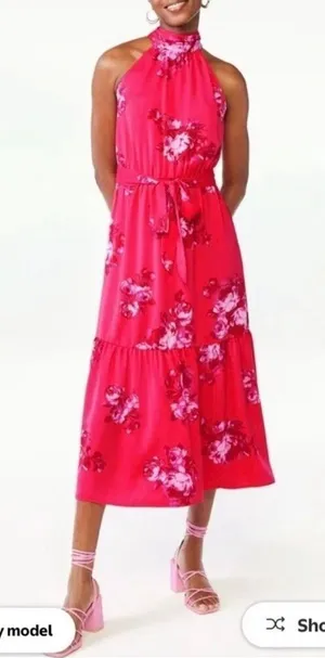 Scoop NWT Red Floral Halter Neck Tie Waist Sleeveless Maxi Dress Size XL thumbnail 1