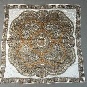 Vintage Square Mandala Pattern Silky Scarf in Cream and Brown Boho Medallion thumbnail 1