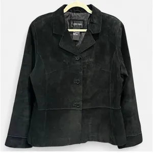 Y2K Black Suede Leather Jacket Oversized French Chic XL thumbnail 6
