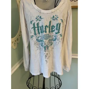 Harley Davidson‎ White Long Sleeve Tee Teal Lettering Faceted Beads Metallic L thumbnail 2
